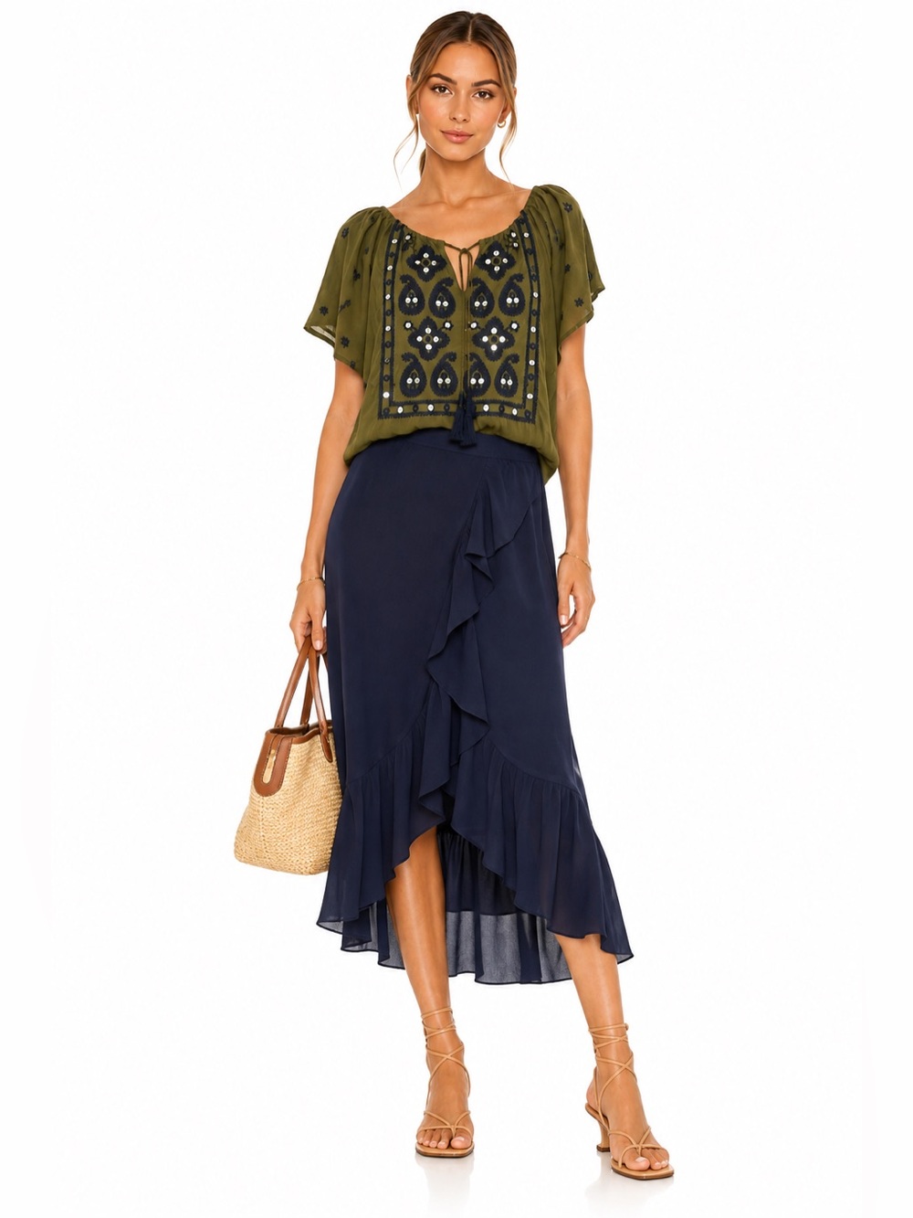 Tory Burch 100% Silk Embroidered Mirror Peasant Blouse Olive Green Boho Festival